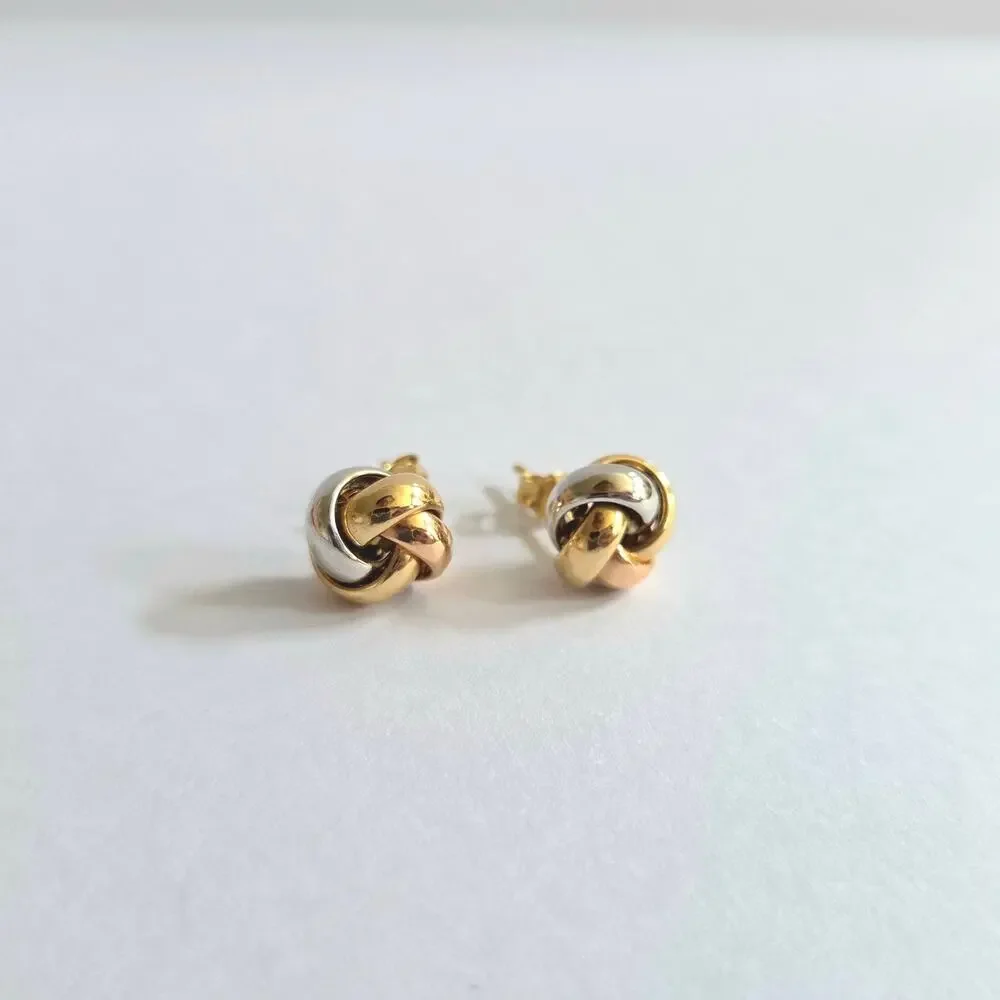Tri Tone 14K Solid Gold Love Knot Stud Earrings